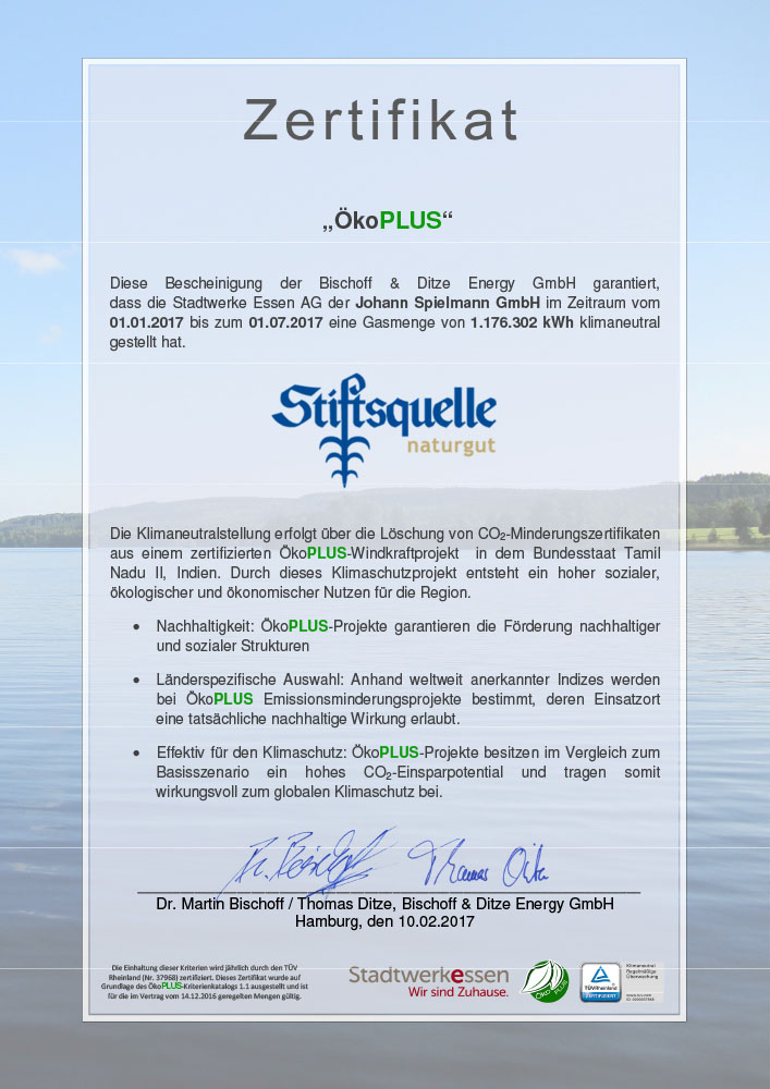 Zertifikat für die Nutzung von klimaneutralem Ökogas ÖkoPLUS